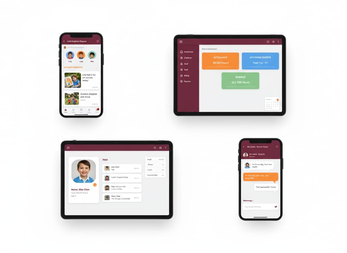 Tiny Totos app on phones and tablets — activity updates, dashboard, child feed, and messaging